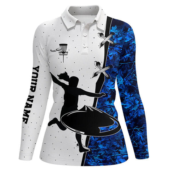 Womens disc golf polo shirts custom name blue camouflage disc golf team shirts, disc golf gifts NQS7311