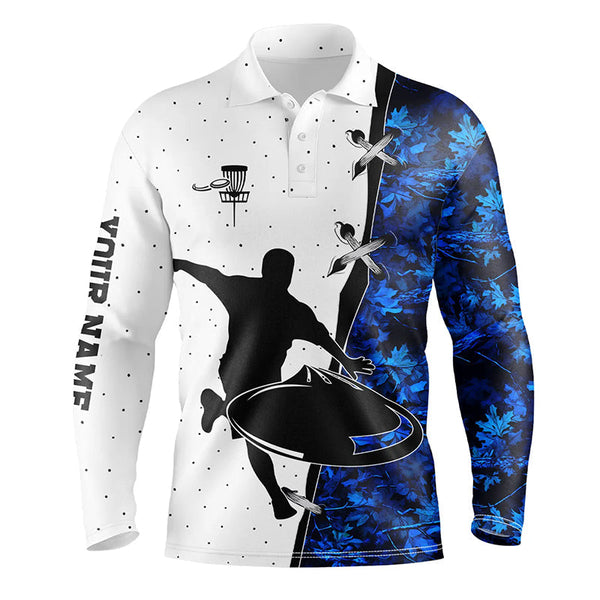 Mens disc golf polo shirt blue camouflage custom name disc golf team shirt, disc golf gifts NQS7311