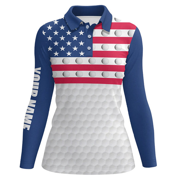 American flag Women golf polo shirts custom white golf ball pattern patriotic female golf attire NQS7866