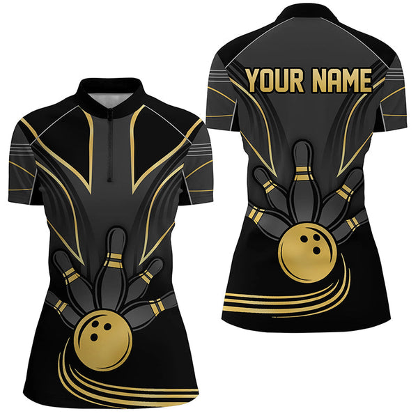 Personalized Women Bowling Polo, Quarter Zip Shirt Black Gold Women Bowlers Custom Team Bowling Jersey NQS8313