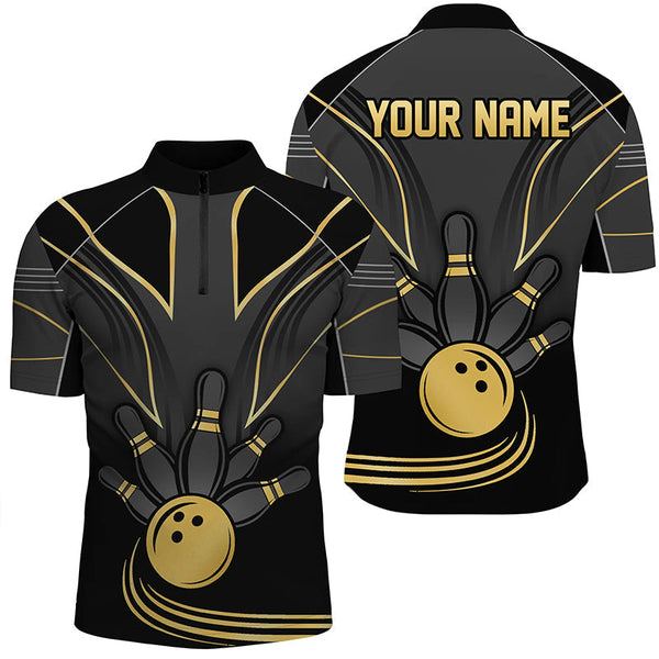 Personalized Men Bowling Polo, Quarter Zip Shirt Black and Gold Men Bowlers Custom Team Bowling Jersey NQS8313