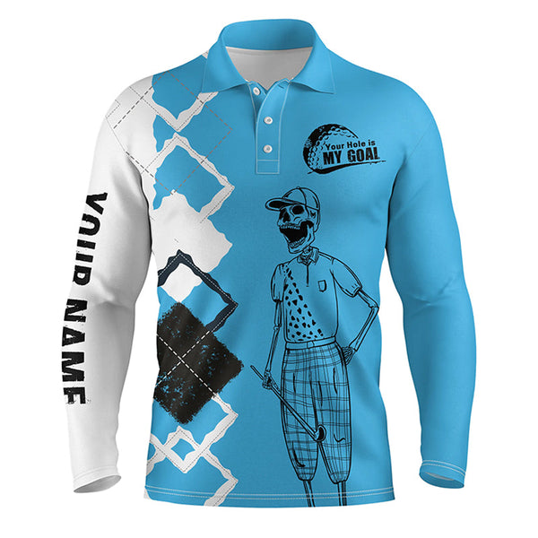 Funny golf shirts skull custom Mens golf polos shirts your hole is my goal, golf gifts for him | Blue NQS4590