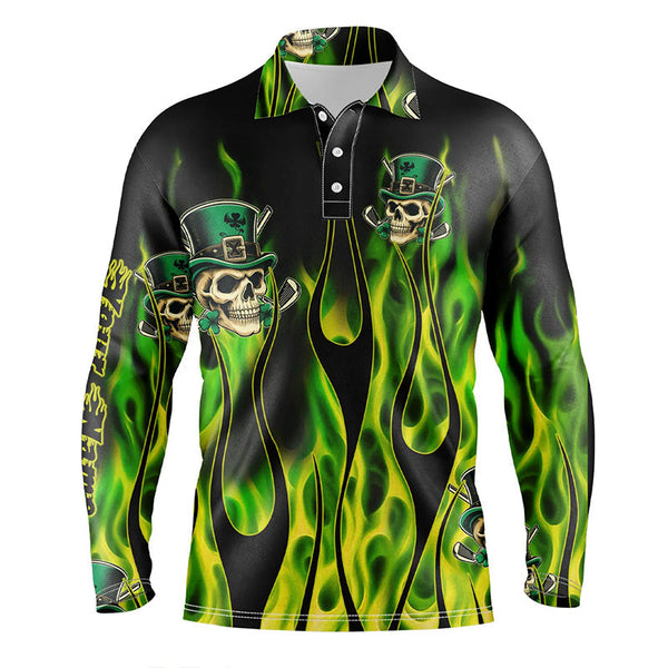 Mens golf polo shirts Green clover skull St Patrick's Day golf shirts custom green fire golf apparel NQS7055