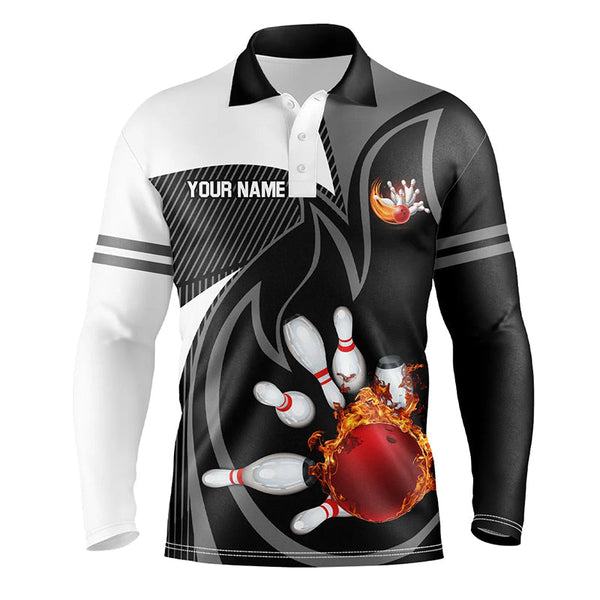 Black and White Bowling polo Shirt for men Custom red flame team bowling ball and pins Jerseys NQS7172