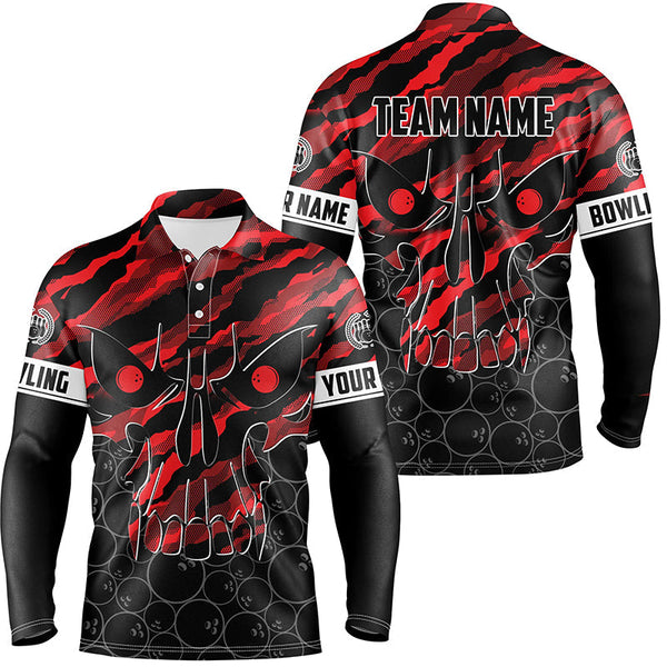 Personalized Skull Bowling polo Shirt for men Custom Team's Name Red camo Bowler Jerseys NQS7321