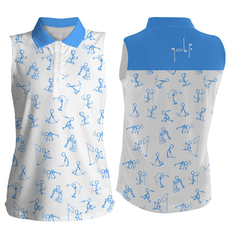 Women sleeveless polo shirts funny golf pattern, blue polo shirt golf outfit women golf top NQS5517