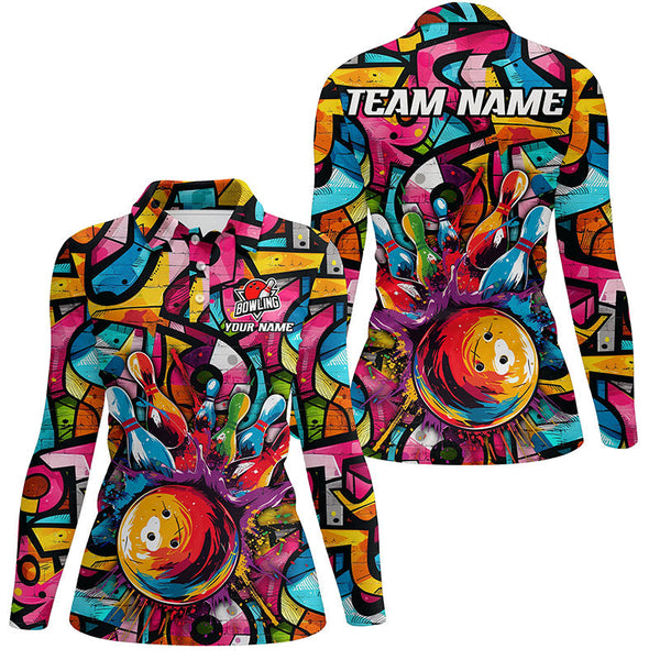 Colorful Graffiti pattern Women Bowling polo, quarter zip shirt Custom Bowling Team League Jerseys NQS7664