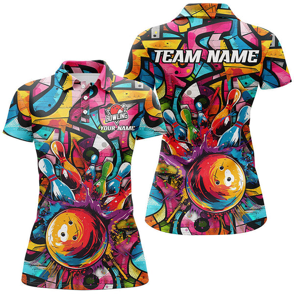 Colorful Graffiti pattern Women Bowling polo, quarter zip shirt Custom Bowling Team League Jerseys NQS7664