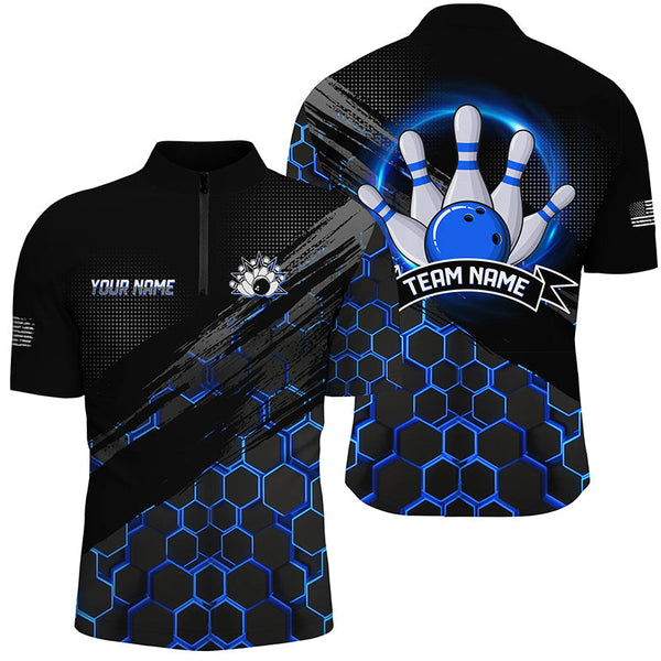Bowling Jerseys For Men Custom Bowling Polo, Quarter-Zip Shirt Team Bowlers, Bowling Apparel | Blue NQS8513