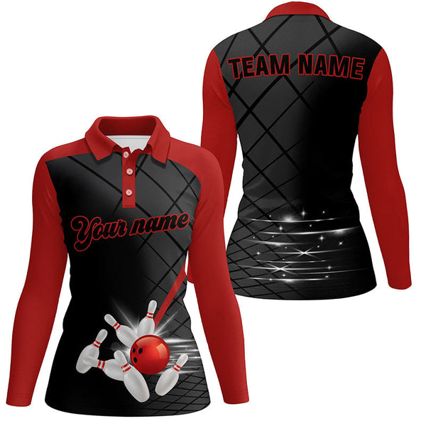 Black and red bowling league jerseys custom Women Bowling Polo Shirts, gifts for ladies bowler NQS7176