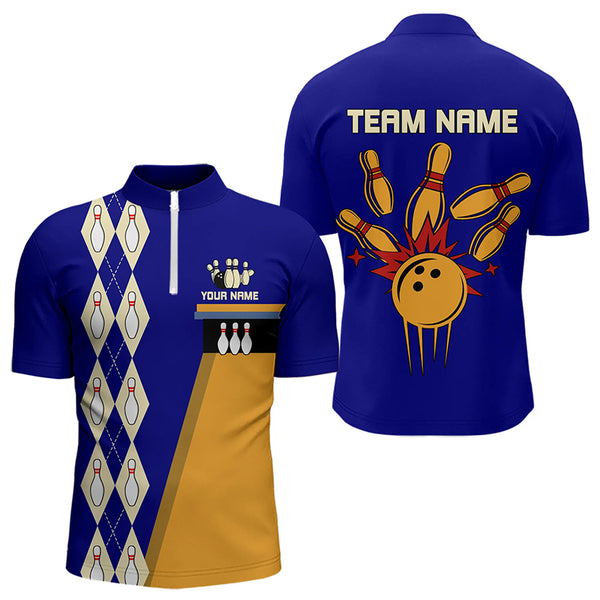 Blue & Yellow Retro Bowling Polo, Quarter Zip shirt for Men Custom vintage team bowling jersey NQS9583