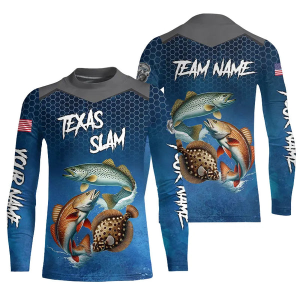 Blue Texas Slam fishing Custom performance long sleeve team Redfish, Trout, Flounder fishing shirt NQS9239