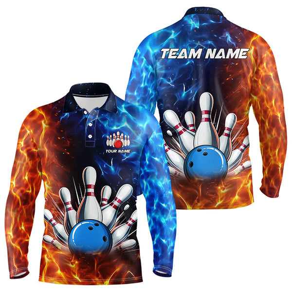 Custom Blue and Orange Flame Bowling Polo, Quarter Zip Shirts For Men, Bowling Team Jerseys NQS9592