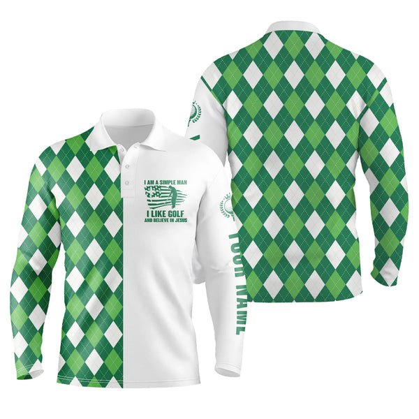 Mens golf polo shirts green argyle plaid custom I'm a simple man I like golf and believe in Jesus NQS5020