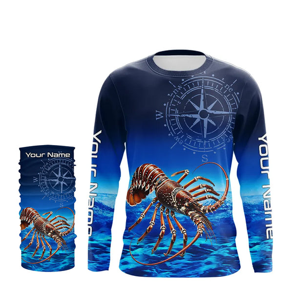 Personalized Florida Spiny Lobster Blue Performance Fishing Shirt, compass Lobster tournament Shirts NQS9735