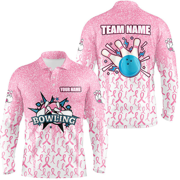 Pink glitter ribbon Men Bowing Polo, 1/4 Zip Shirts Custom Breast Cancer Awareness bowling jerseys NQS8103