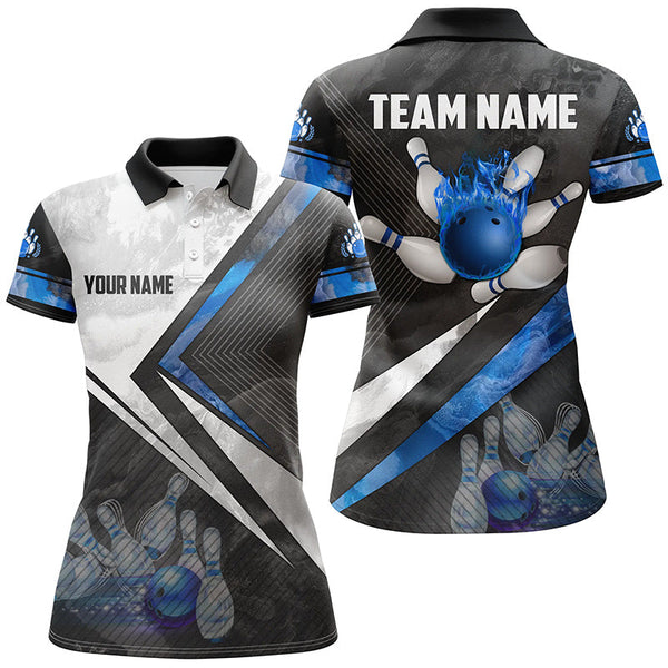 Black and white Bowling polo Shirt for women Custom bowling ball pins team Bowler Jerseys | Blue NQS6447