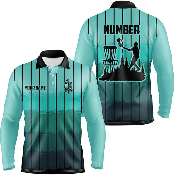 Mint Blue stripe Retro disc golf polo shirts for men custom name and number disc golf jerseys NQS8780