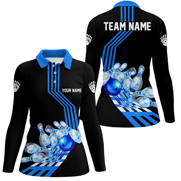 Women Bowling Polo Shirts Custom Bowling Team league Jerseys, gifts for bowlers | Blue NQS7070