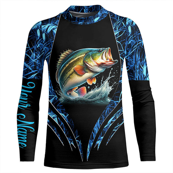 Largemouth bass fishing blue camo custom 3D All Over Printed Fishing Shirts, Bass fishing apparel NQS7898