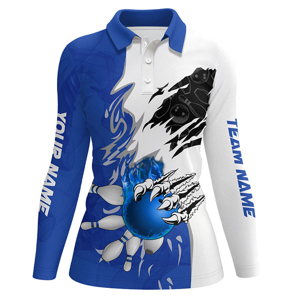 White Bowling polo Shirt for women Custom bowling ball pins Jerseys flame bowling shirt | Blue NQS6460