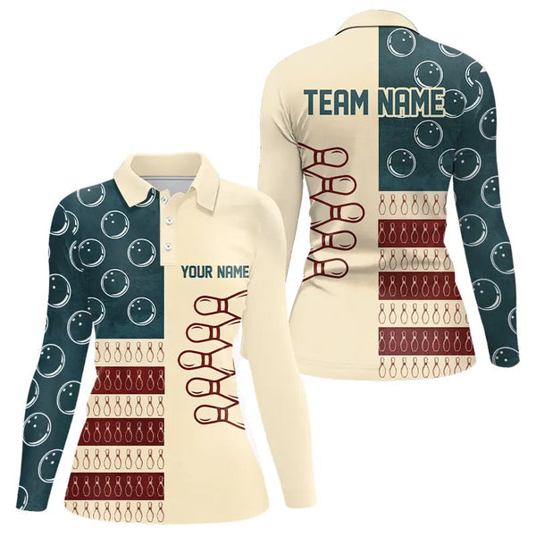 Vintage American Flag Bowling Polo, Quarter Zip shirt for Women Custom retro bowling team jerseys NQS9264