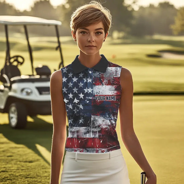Personalized Sleeveless Polo shirts for Women custom grunge American Flag patriotic Ladies golf wears NQS9433