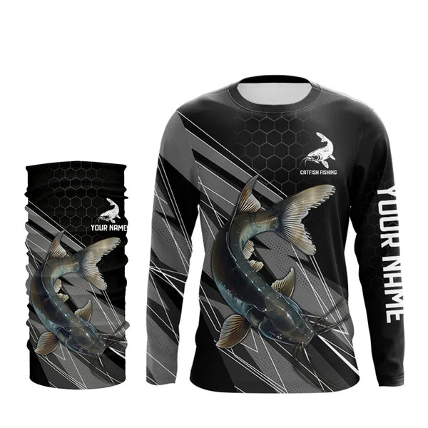 Personalized Black camo Catfish Fishing Jerseys, Catfish Long Sleeve Fishing Tournament Shirts NQS9750