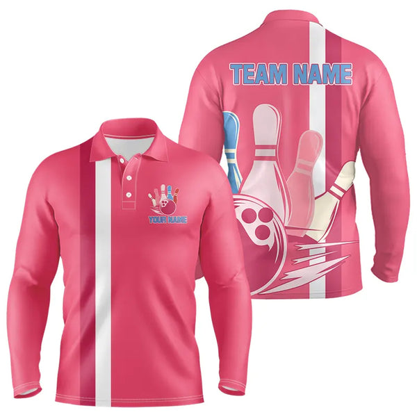 Retro Mens Bowling Polo, Quarter Zip shirt Custom team bowling jerseys, vintage bowling uniform | Pink NQS9275