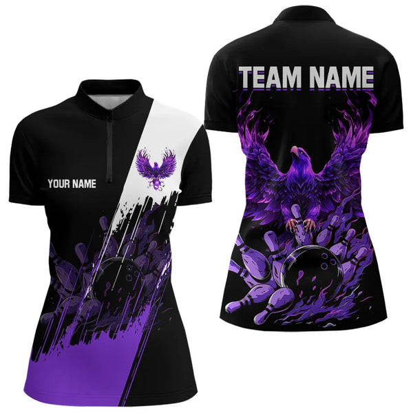 Black and Purple Eagle bowling jerseys Polo, Quarter Zip Shirt for Women Custom Bowling Team shirts NQS9437
