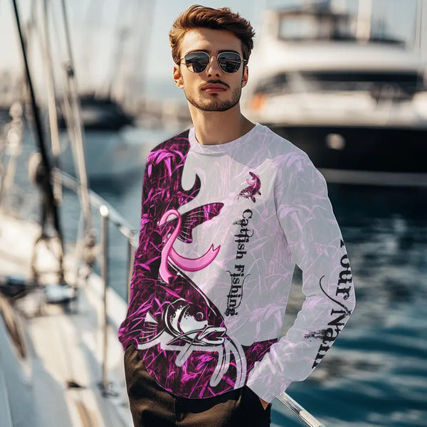 Catfish fishing pink Camo ribbon Breast Cancer Custom name sun protection long sleeves fishing shirts NQS9760