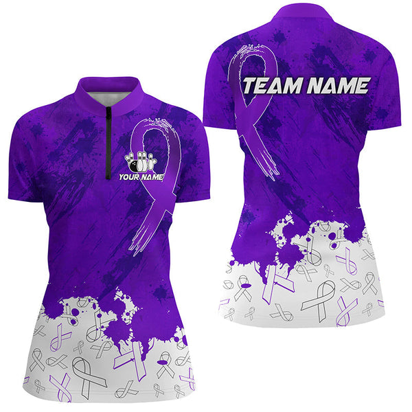 Personalized Purple Ribbons Pattern Bowling Shirts For Women, Custom breast cancer bowling shirts NQS8348