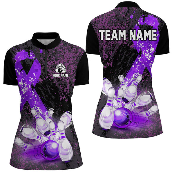 Personalized Purple Ribbons Grunge Bowling Shirts For Women, Custom breast cancer bowling Team shirts NQS8353
