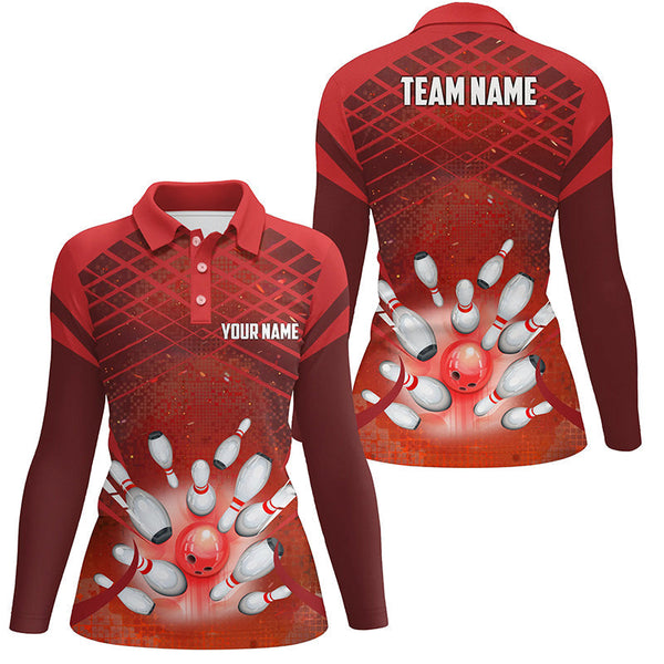 Women Bowling Polo Shirts Custom Red light bowling ball and pins Team bowling Jersey, gift for Bowlers NQS7081