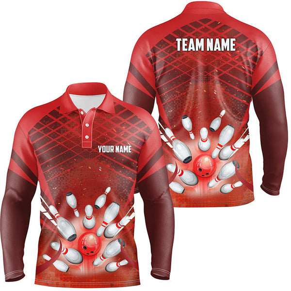 Men Bowling Polo Shirt Custom Red light bowling ball and pins Team Bowling Jersey, gift for Bowlers NQS7081