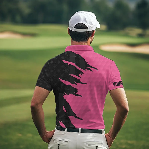 Personalized Mens golf polos shirts custom pink golf ball skin black American flag mens golf apparel NQS9775