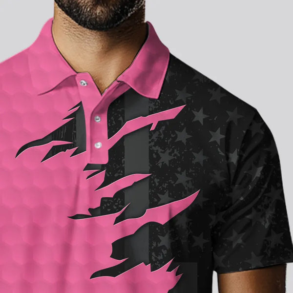 Personalized Mens golf polos shirts custom pink golf ball skin black American flag mens golf apparel NQS9775
