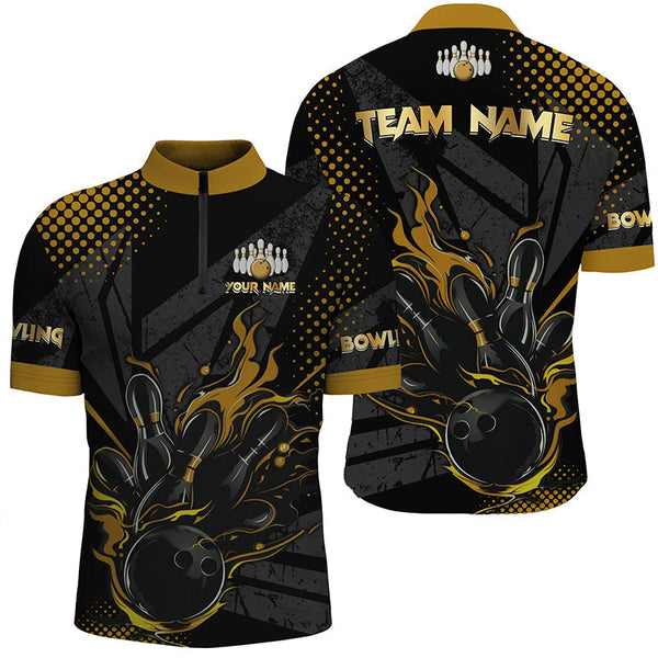 Personalized Black and Gold Bowling Polo, 1/4 Zip Shirts For Men, Custom bowling Team Jerseys NQS8358