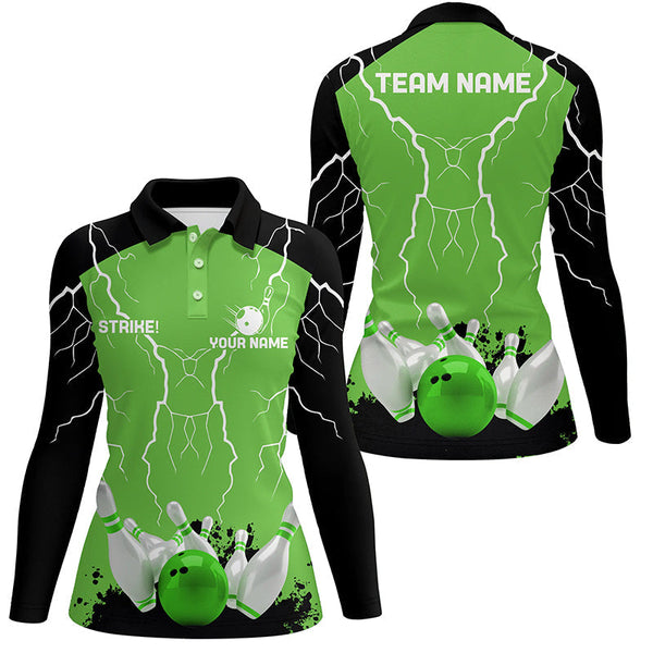 Women bowling polo shirt Custom bowling strike lightning storm thunder team league jersey | Green NQS7083