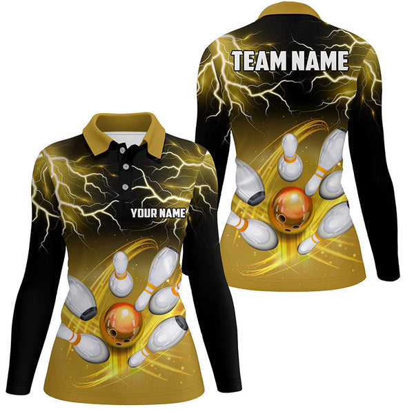 Women bowling polo shirt Custom black yellow bowling lightning thunder team bowling league jerseys NQS7086