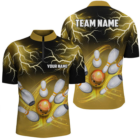 Men's bowling Quarter Zip shirts Custom black yellow bowling lightning thunder team league jerseys NQS7086