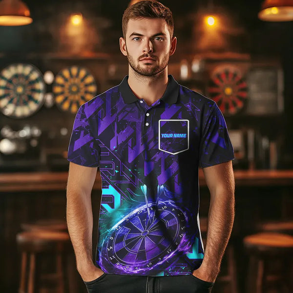 Men Darts Polo, Quarter Zip shirts Custom purple blue abstract Darts Team Jerseys, Darts gifts NQS9449