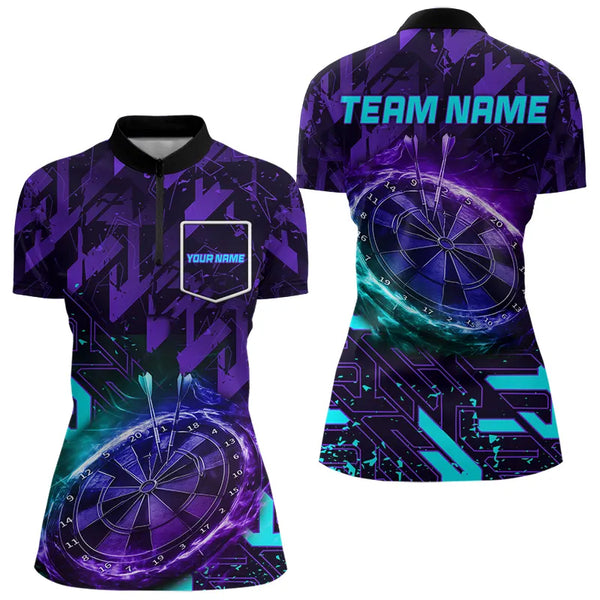 Women Darts Polo, Quarter Zip shirts Custom purple blue abstract Darts Team Jerseys, Darts gifts NQS9449