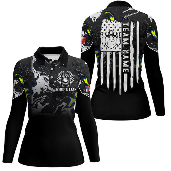 Black white camo Women bowling polo shirt Custom American flag patriotic bowling team league jerseys NQS7367
