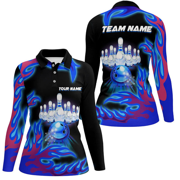 Personalized Blue Flame Bowling Team Jerseys, Womens bowling polo shirts Bowling League, bowling gifts NQS7371