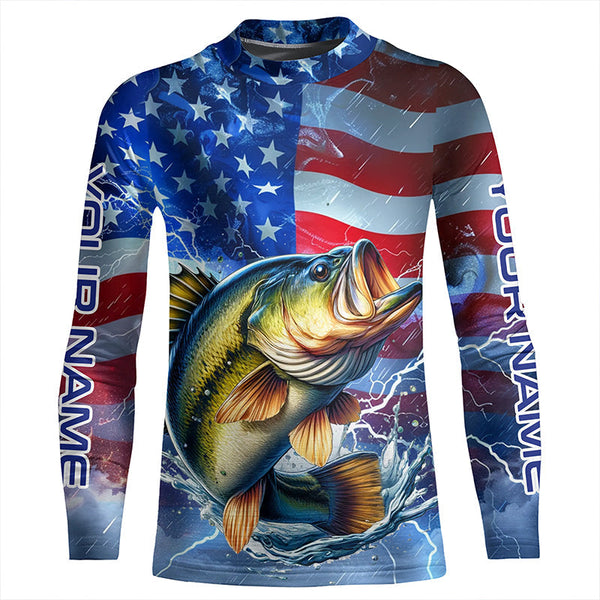 Largemouth Bass fishing American flag Long Sleeve Fishing Shirt custom Lightning Bass fishing jersey NQS7702