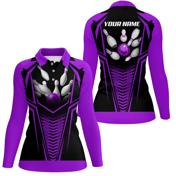 Women Bowling Polo, Quarter Zip Shirts custom Purple and black Bowling Ball and Pins bowling jerseys NQS8136