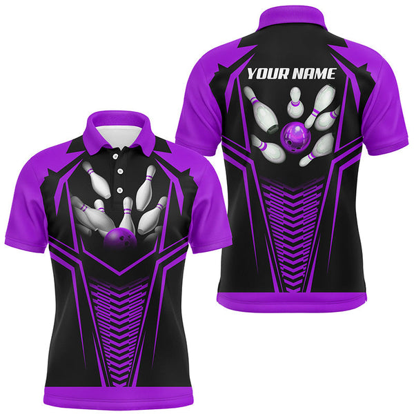 Men Bowling Polo, Quarter Zip Shirts custom Purple and black Bowling Ball and Pins bowling jerseys NQS8136