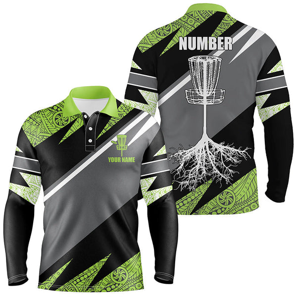 Green tribal black Mens disc golf polo shirt custom name, number disc golf jersey, disco golf outfit NQS6249