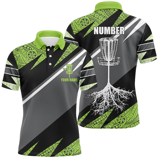 Green tribal black Mens disc golf polo shirt custom name, number disc golf jersey, disco golf outfit NQS6249